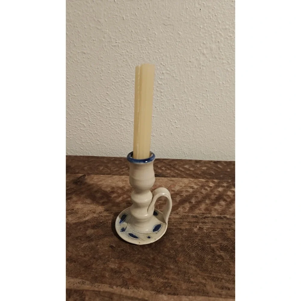 Williamsburg Pottery  Candlestick Holder Salt Glazed Cobalt Blue Leaf Gray